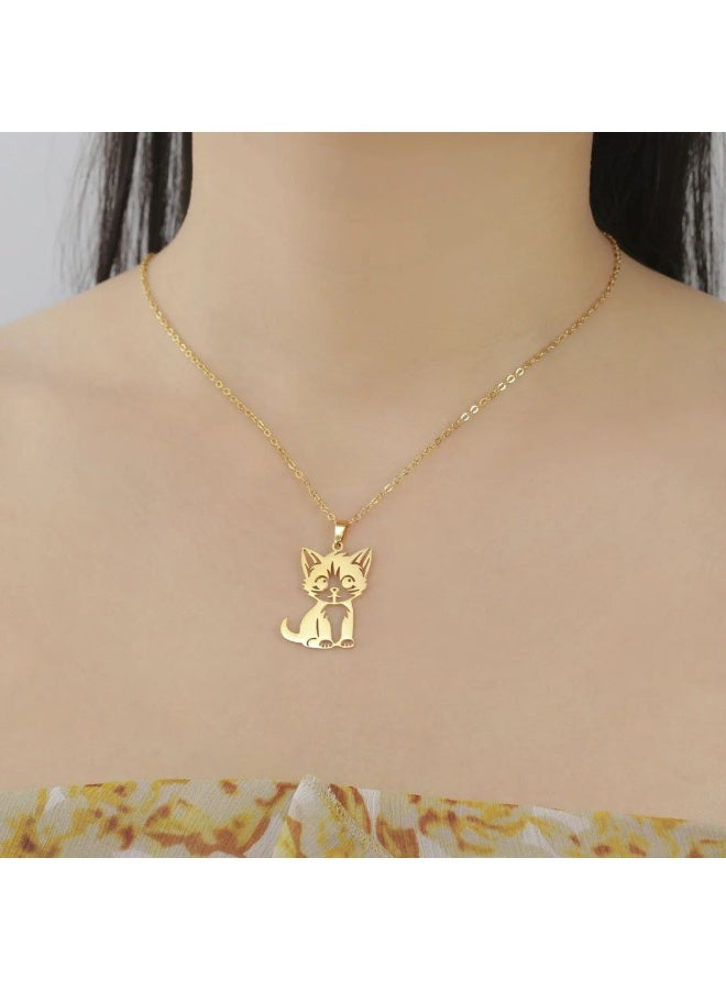 قلادة ذهبية على شكل قطة، تعليقة قطة صغيرة لطيفة، سلسلة من الفولاذ المقاوم للصدأ، مجوهرات حيوانية - Image 2